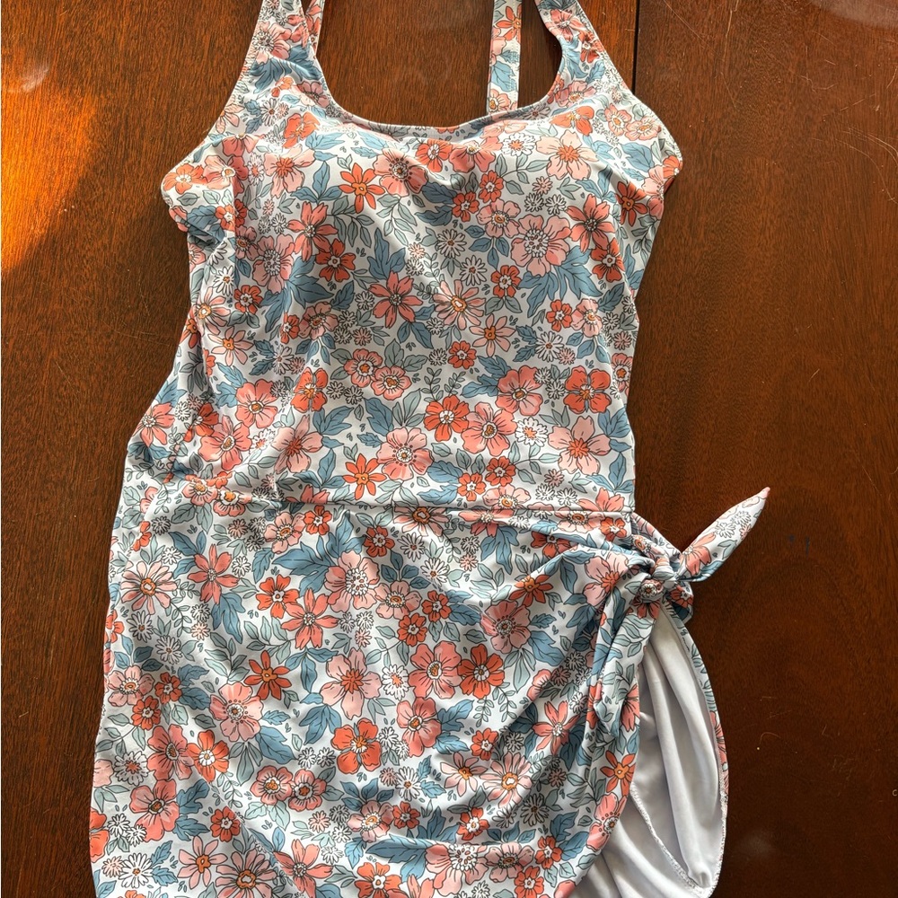 Floral Tie-Side One-Piece Swimsuit in Coral & Blue